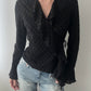 Black Sheer Wrap Top With Ruffles And Polkadots (S)
