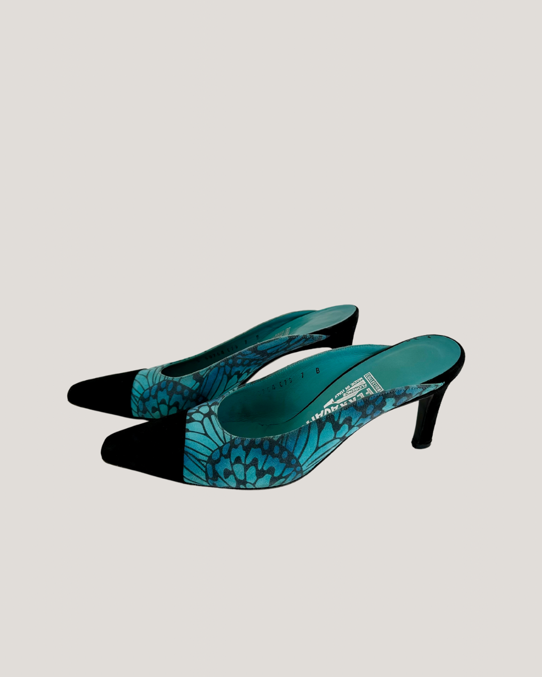 Rare Salvatore Ferragamo Turquoise with Black Suede Butterfly Heels (37)