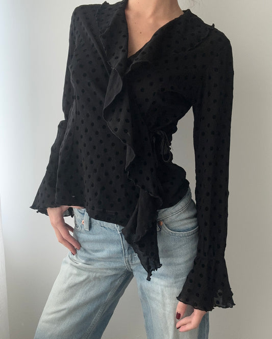 Black Sheer Wrap Top With Ruffles And Polkadots (S)