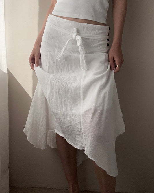 White Double Layer Asymetric Midi Skirt with Tie-front (XL)