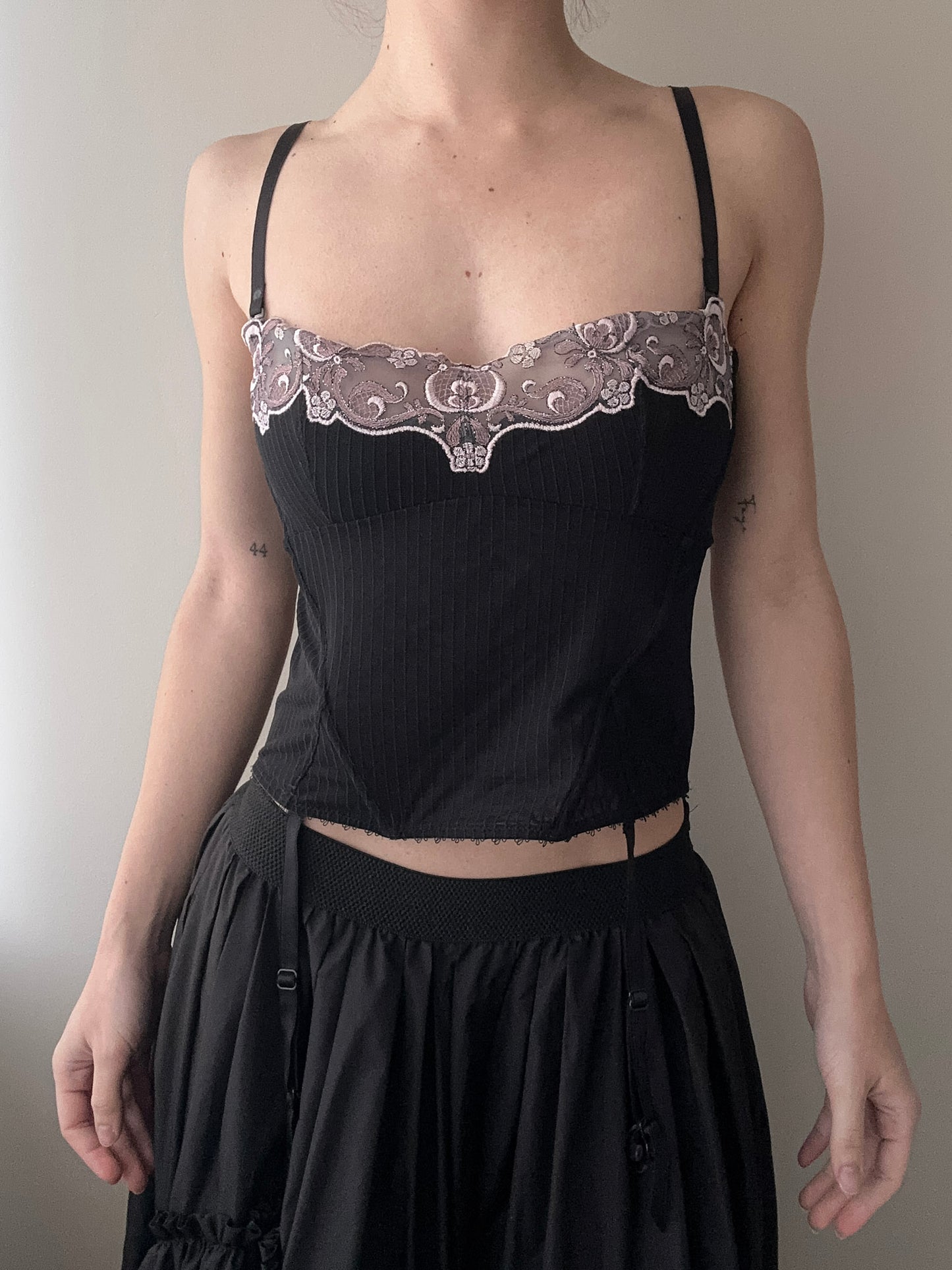Black Corset Top with Lilac Pink Floral Embroidery (M)