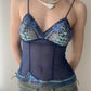 Aubade Paris - Deep Cobalt Blue Sheer Lace Cami with Mint Green Embroidery (S)