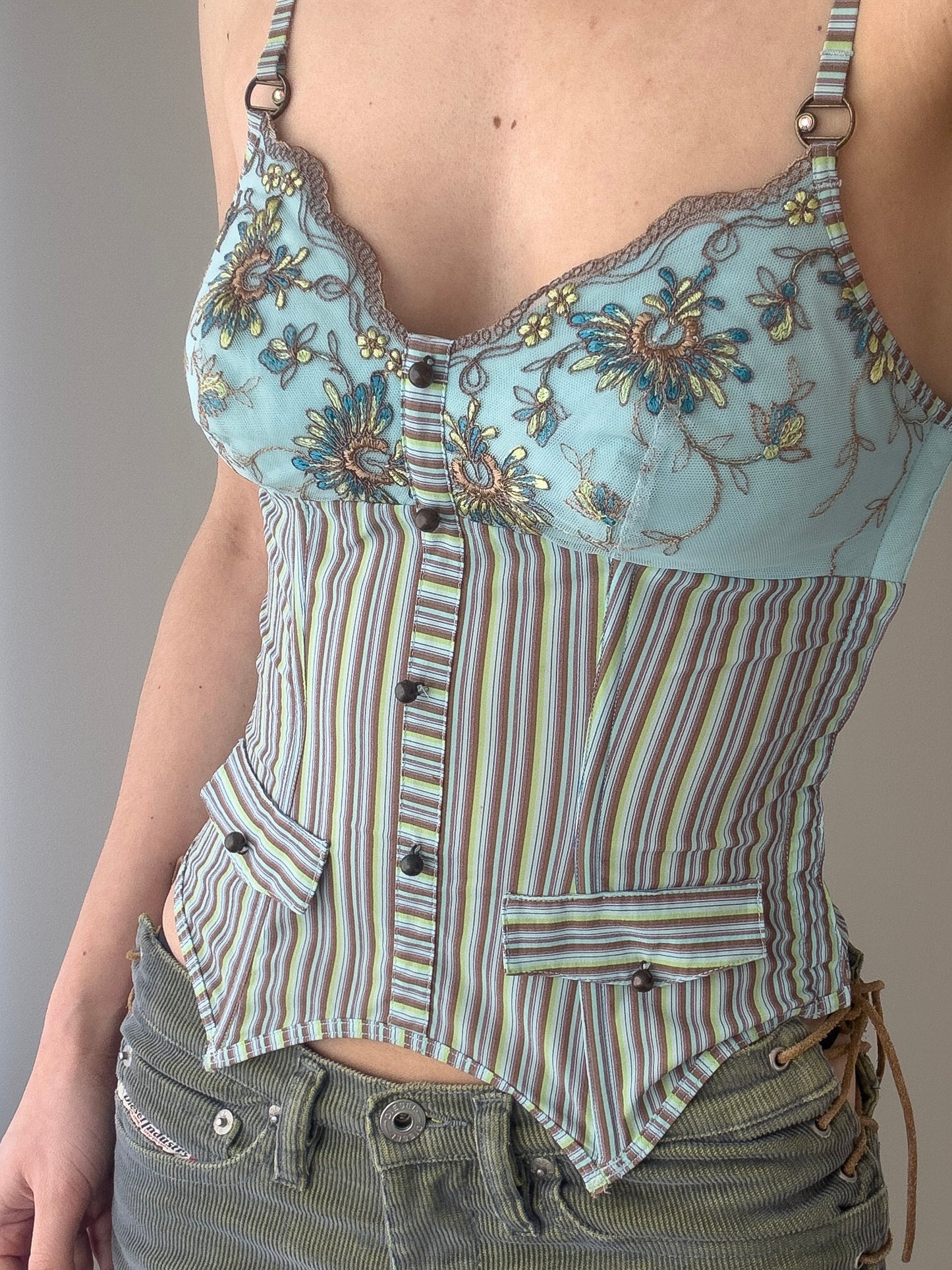 Lejaby - Turqoise Bustier with Strped Pattern and Floral Embroidery (XS-S)
