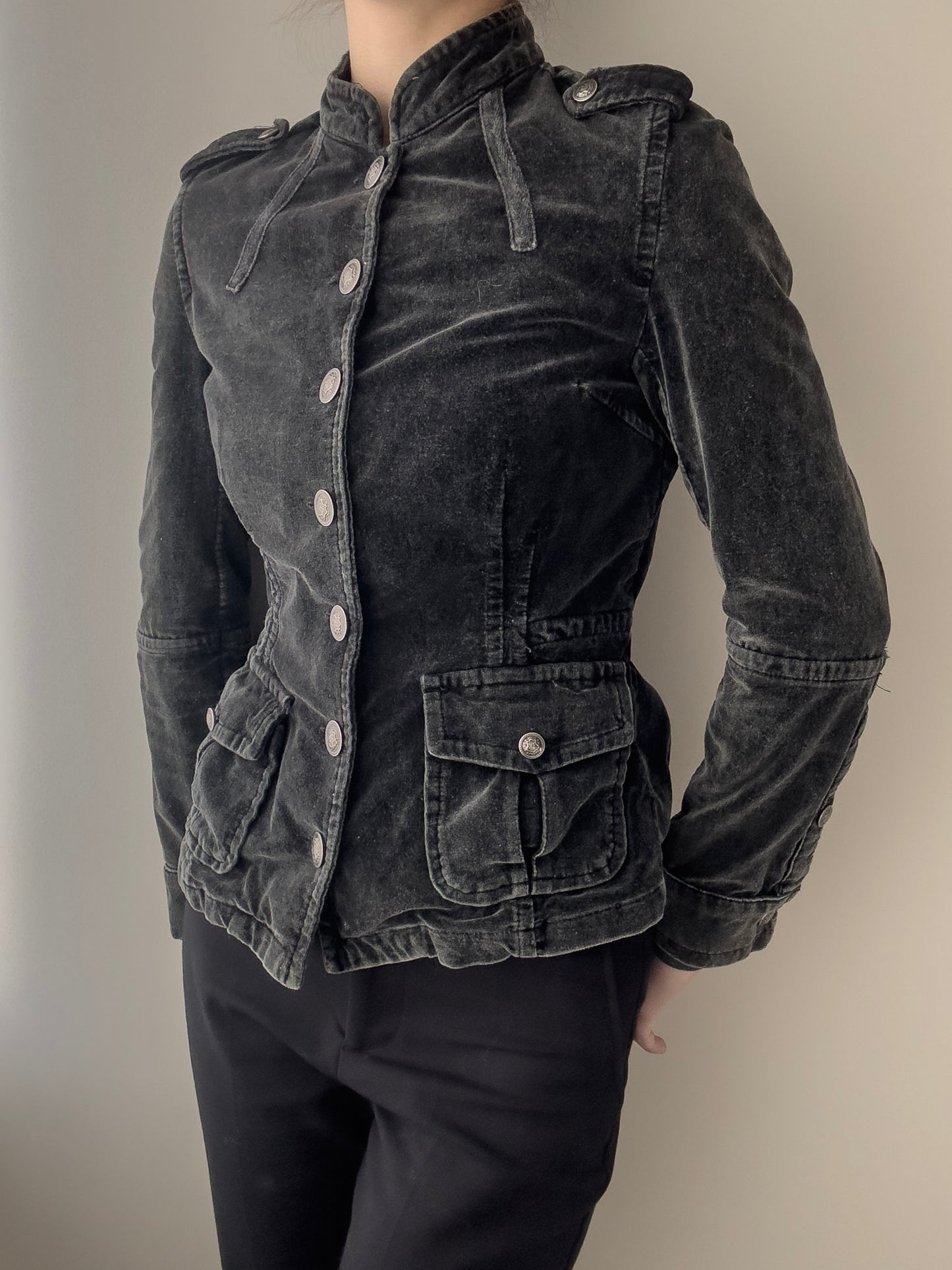 Black Washed Velours Military Jacket with Silver Buttons (XS)