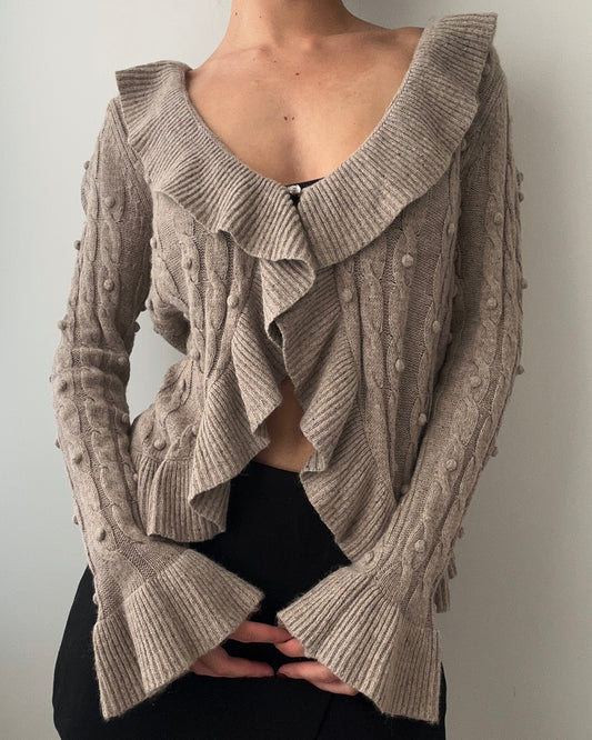 Beige Taupe Cardigan With Ruffles and Polkadots (S)