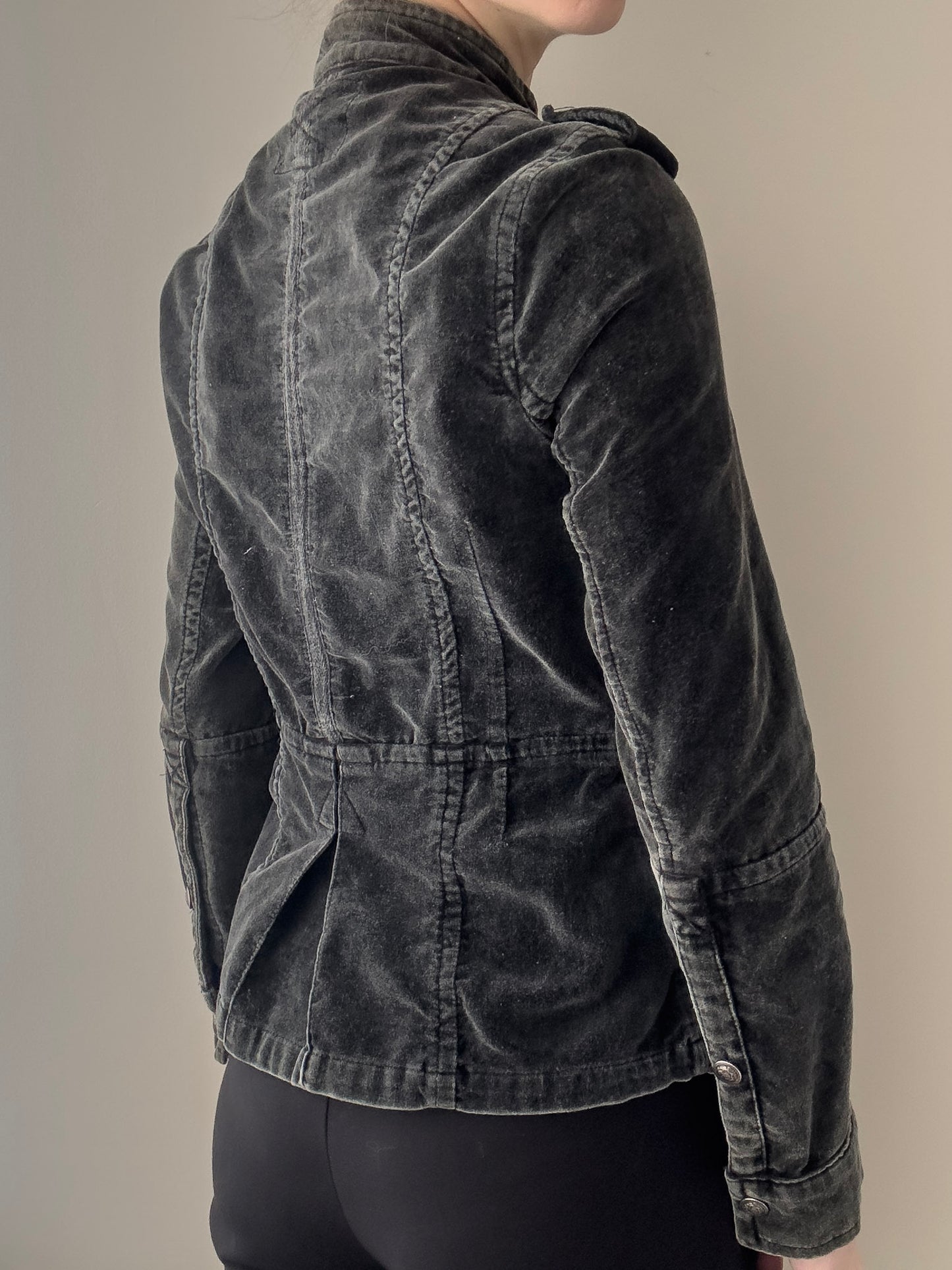 Black Washed Velours Military Jacket with Silver Buttons (XS)