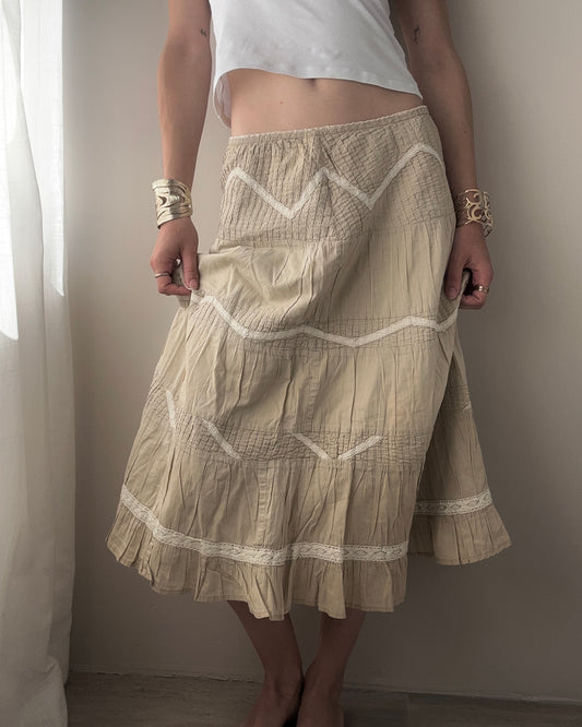 Beige Tiered Double Layer Midi Skirt (S)