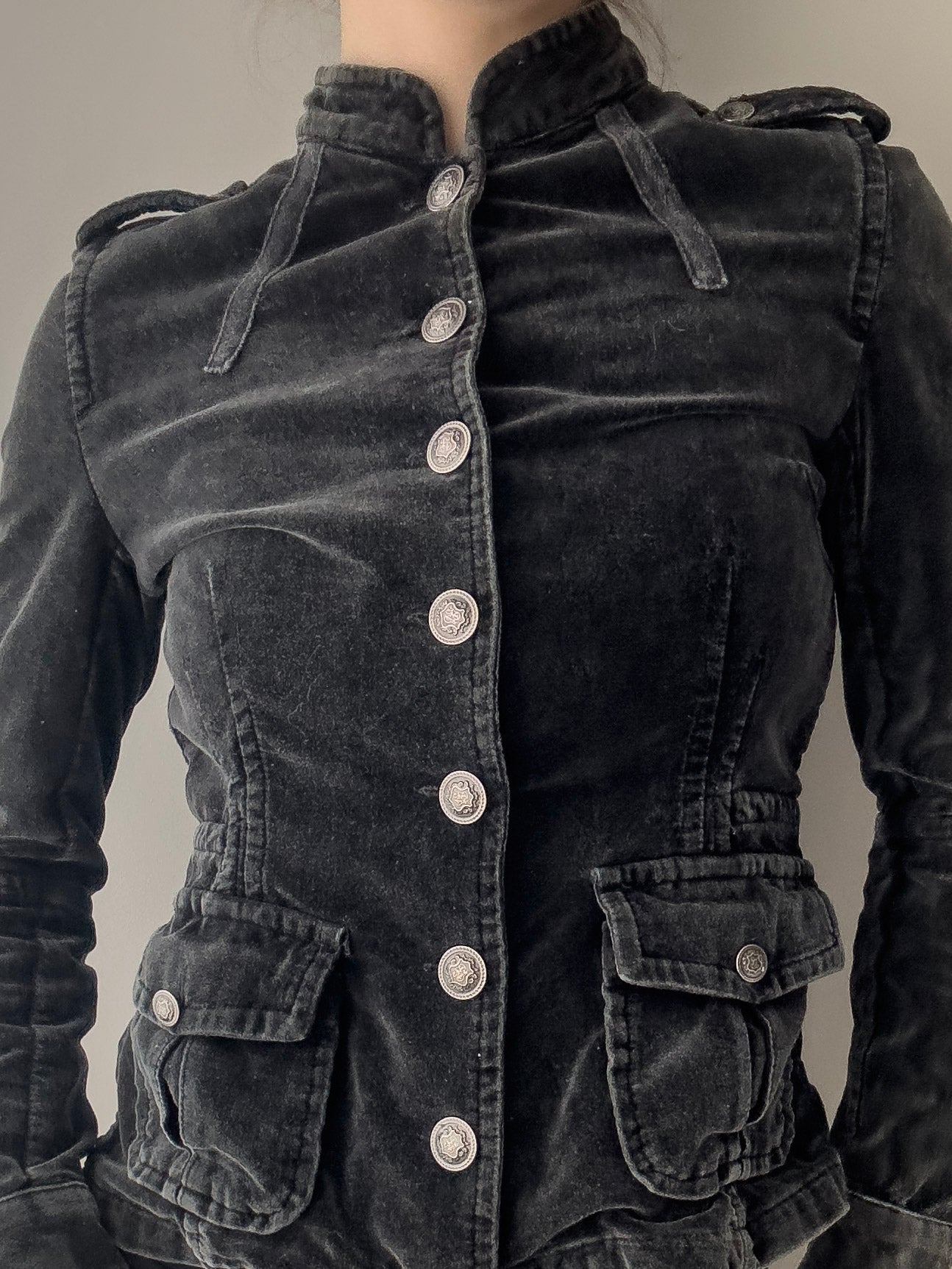 Black Washed Velours Military Jacket with Silver Buttons (XS)