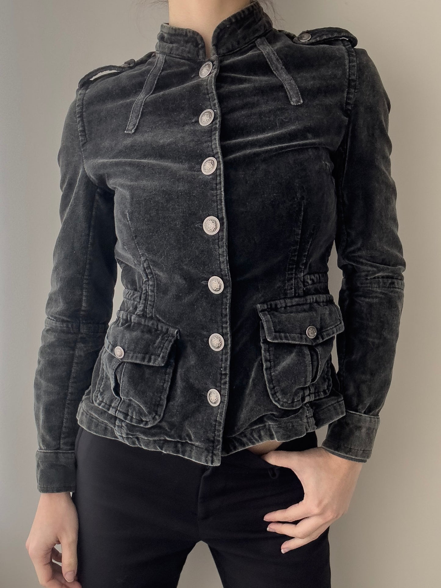 Black Washed Velours Military Jacket with Silver Buttons (XS)