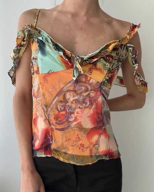 French 2000s Silk Multicolor Floral Print Top (L)