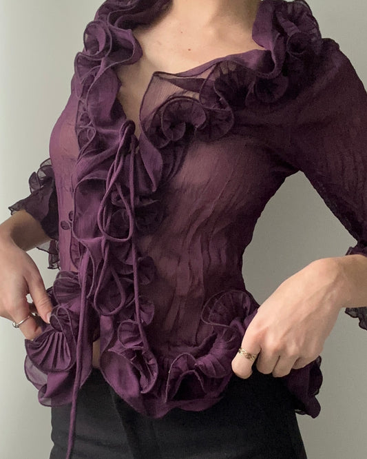 Mulberry Purple Sheer Ruffle Blouse with Tie-front Detail (M)