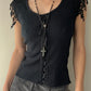 René Derhy Black Top with Lace-up detail and Floral Embroidery (M)