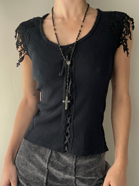 René Derhy Black Top with Lace-up detail and Floral Embroidery (M)