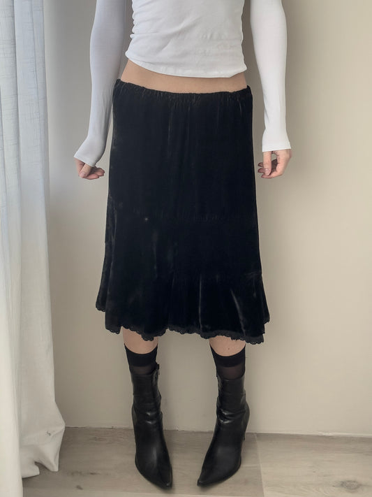 Sportmax Silk Black Midi Skirt with Ruffled Lace Hem (XS-S)