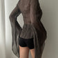 Dark Khaki Sheer Top With Long Slouchy Sleeves (XS-S)