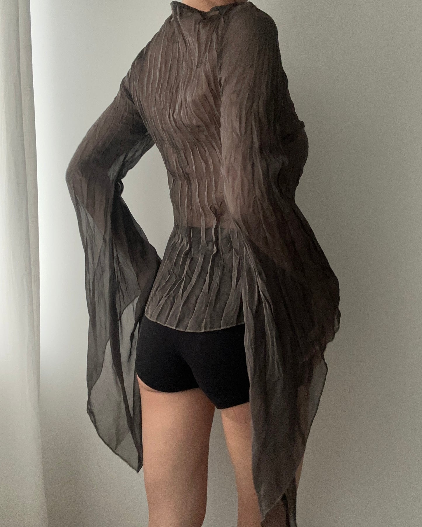 Dark Khaki Sheer Top With Long Slouchy Sleeves (XS-S)