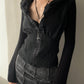 Black Zip Cardigan with Ruffled High Collar (XS-S)