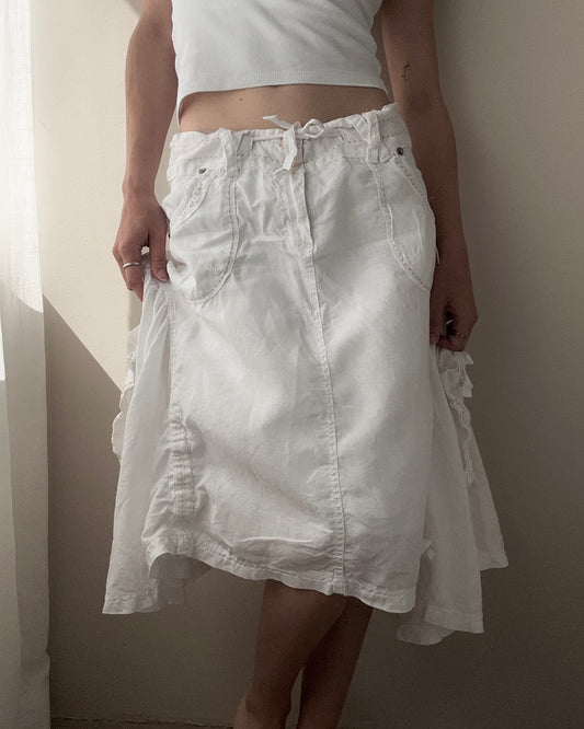 White Linen and Cotton Asymetric Double Layer Midi Skirt (L)