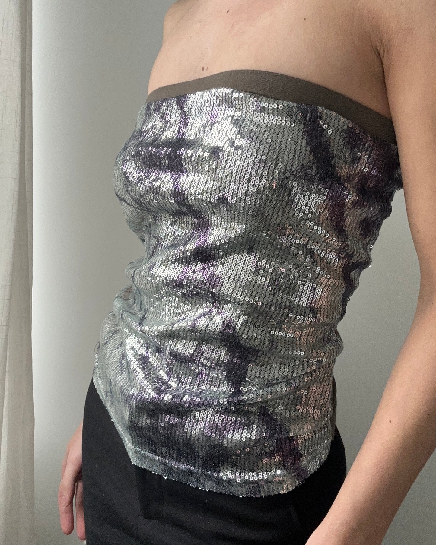 Silver and Khaki Sequin Strapless Top (XS)