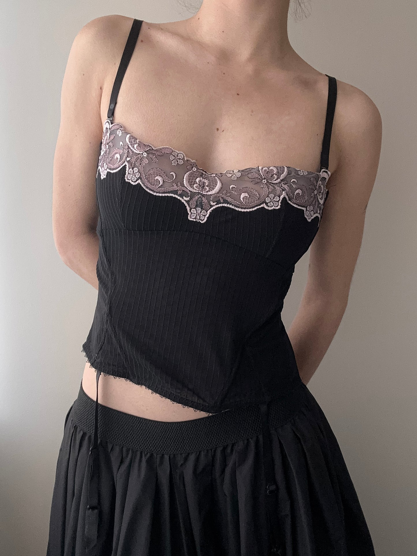 Black Corset Top with Lilac Pink Floral Embroidery (M)