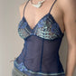 Aubade Paris - Deep Cobalt Blue Sheer Lace Cami with Mint Green Embroidery (S)