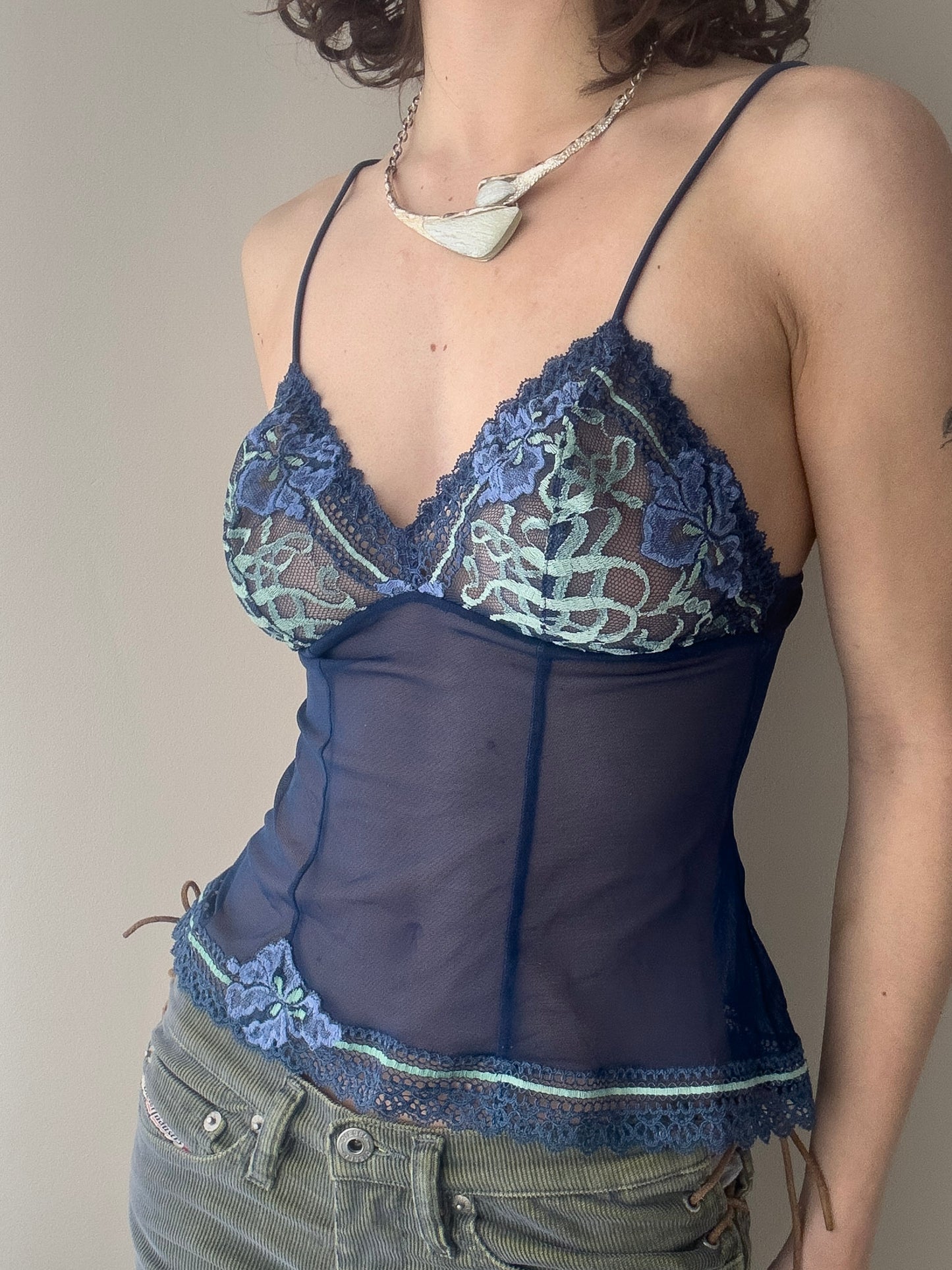 Aubade Paris - Deep Cobalt Blue Sheer Lace Cami with Mint Green Embroidery (S)