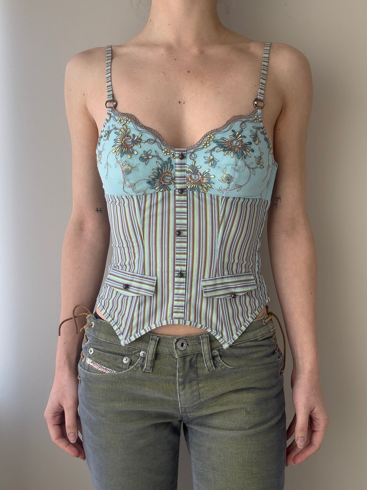 Lejaby - Turqoise Bustier with Strped Pattern and Floral Embroidery (XS-S)
