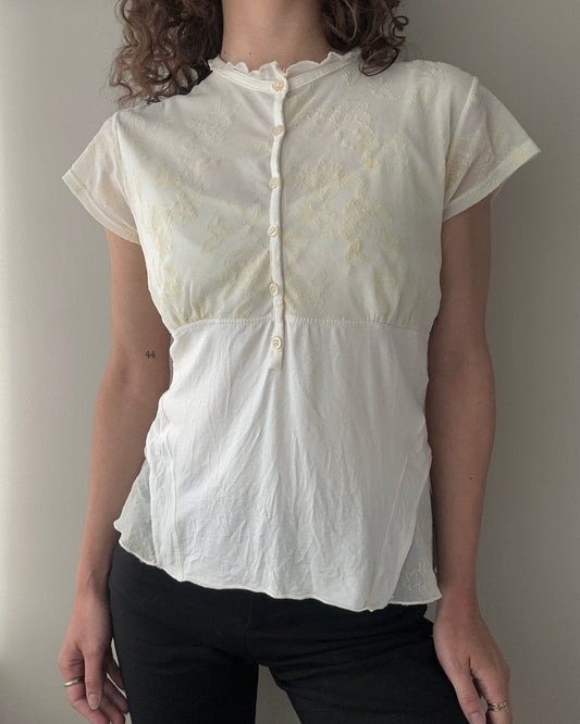 Sheer Button-up Top with Velvet Floral Details (M)