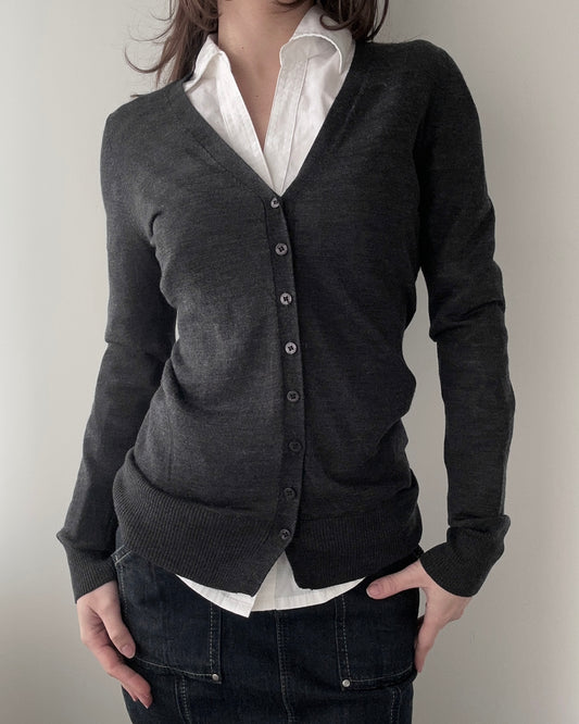 Bruuns Bazaar Copenhagen 100% Wool Anthracite V-neck Cardigan (S-M)