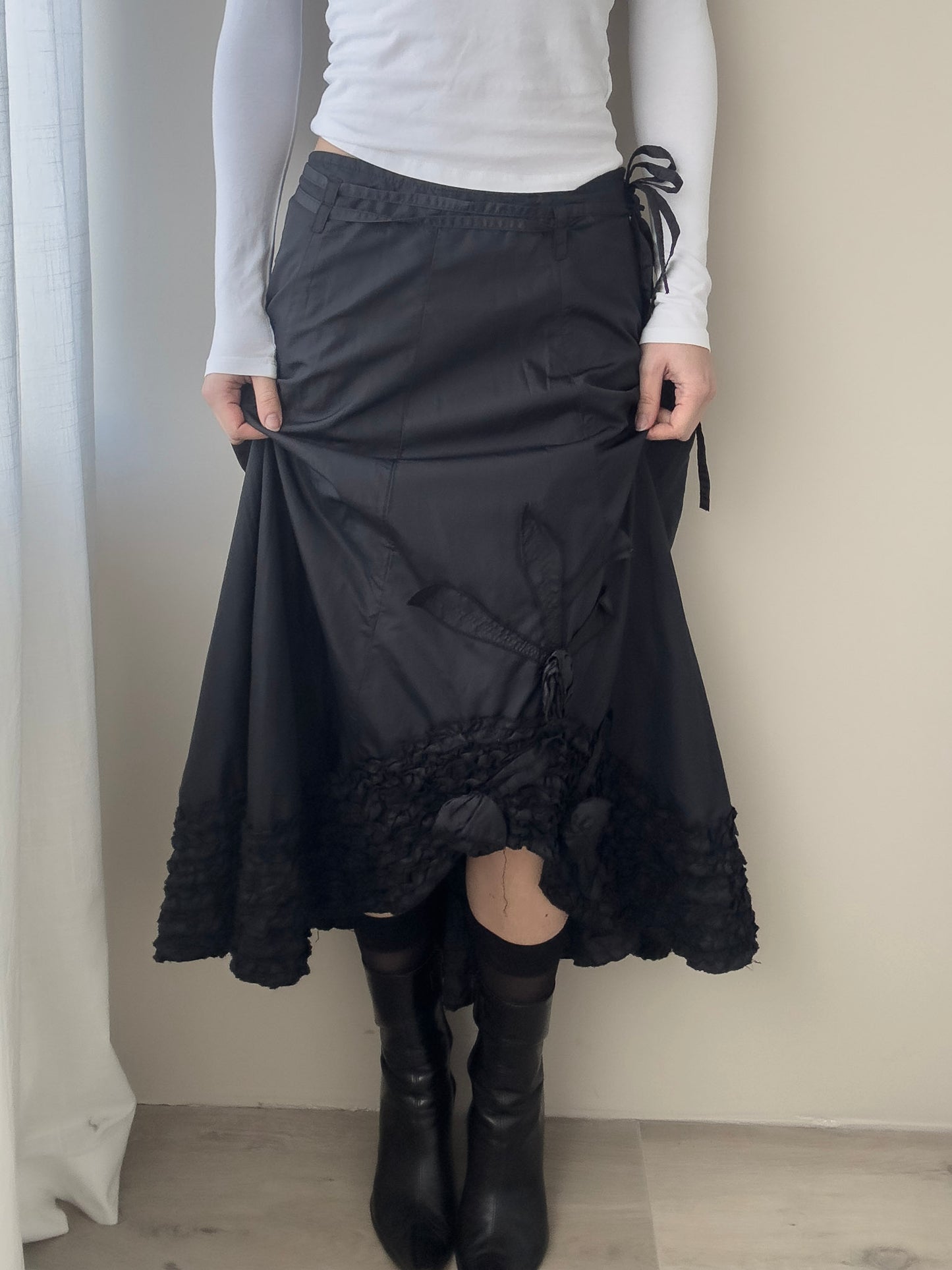 Black Asymmetric Midi Skirt with Embroidered details (XS)