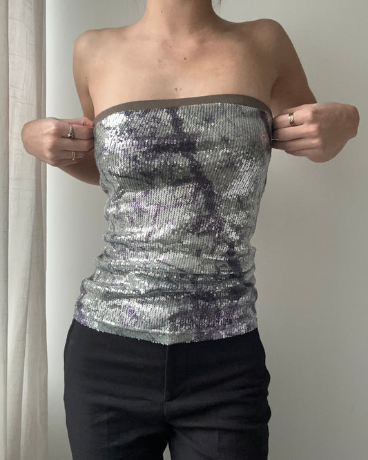 Silver and Khaki Sequin Strapless Top (XS)