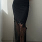 Black Maxi Skirt with Asymmetric Detail, Floral Embellishments and Guipure (S-M)