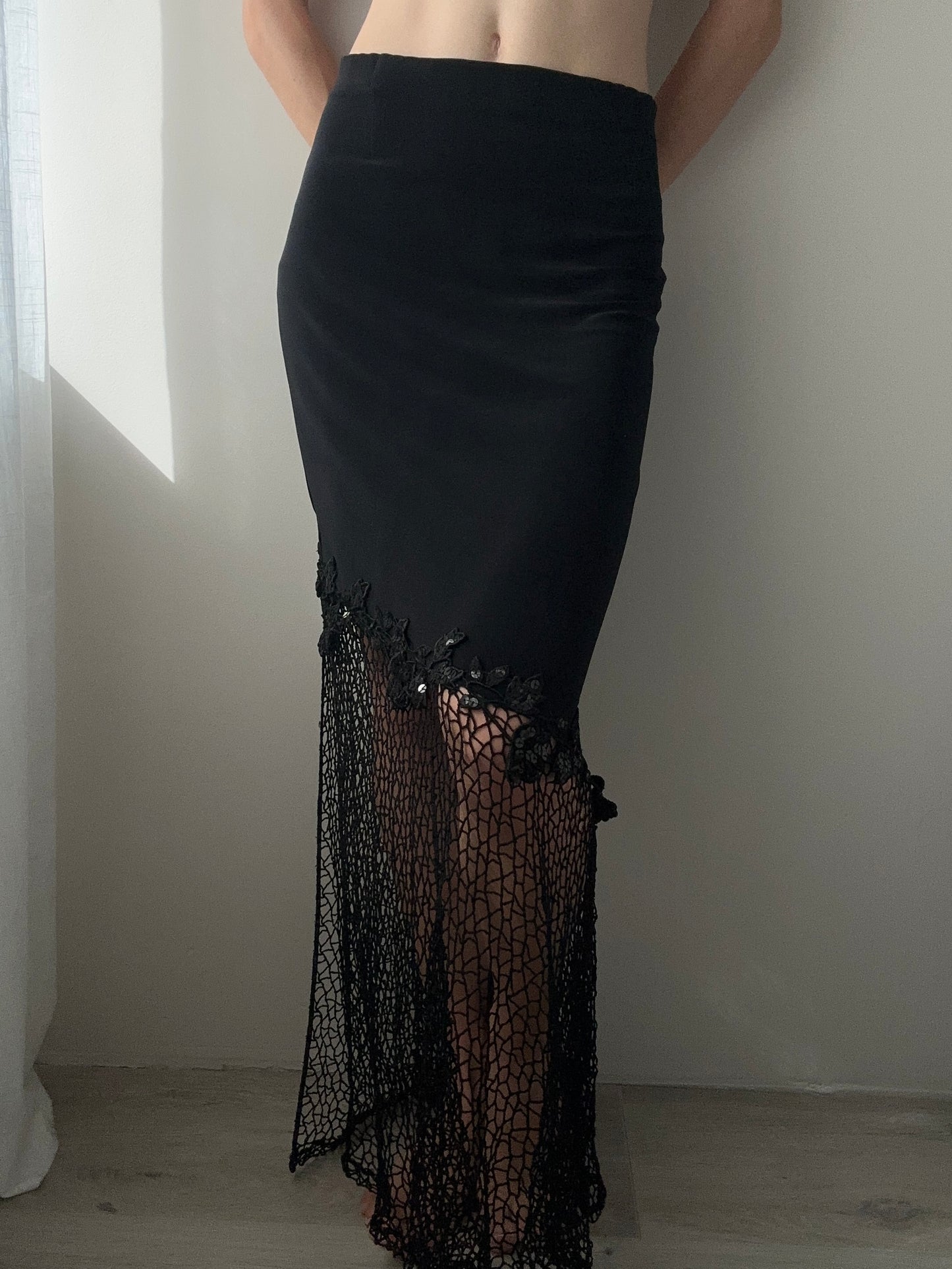 Black Maxi Skirt with Asymmetric Detail, Floral Embellishments and Guipure (S-M)