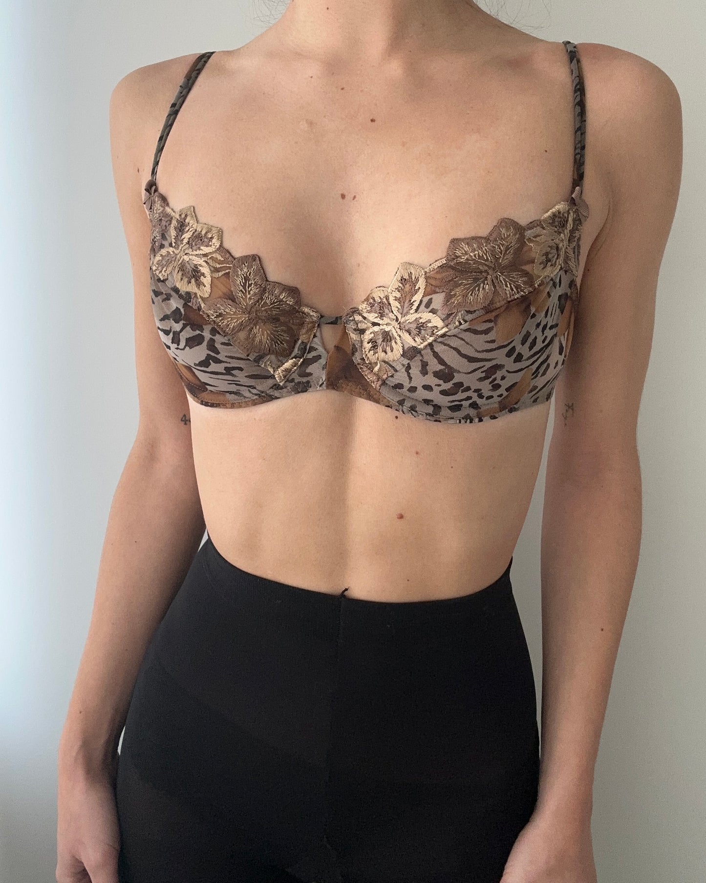 Simone Pérèle Brown Sheer Animal Printed Bra With Floral Embroidery (70C/32C)