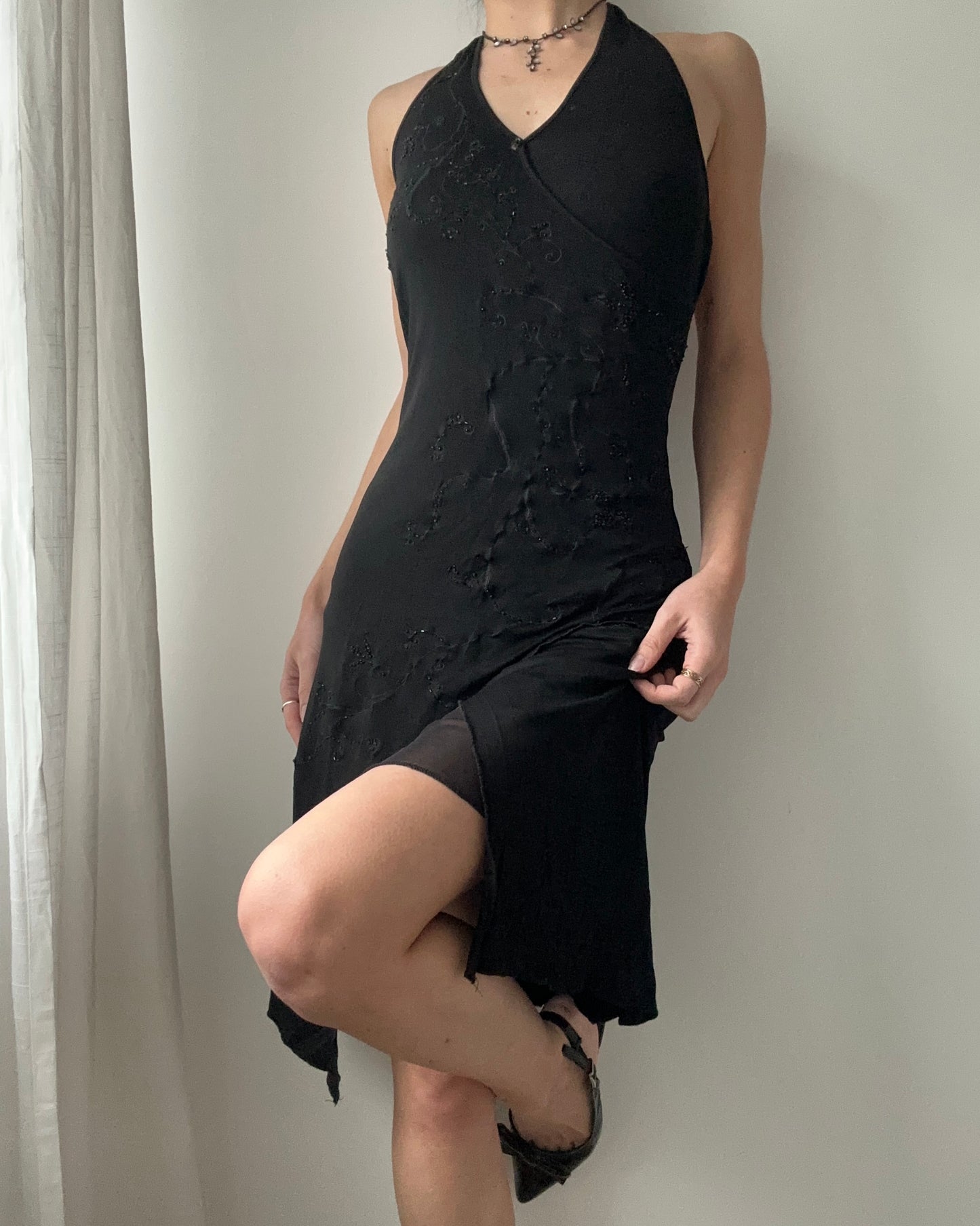 Black Stretchy Double-layer Halter Mini Dress (S-M)