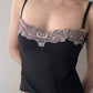 Black Corset Top with Lilac Pink Floral Embroidery (M)