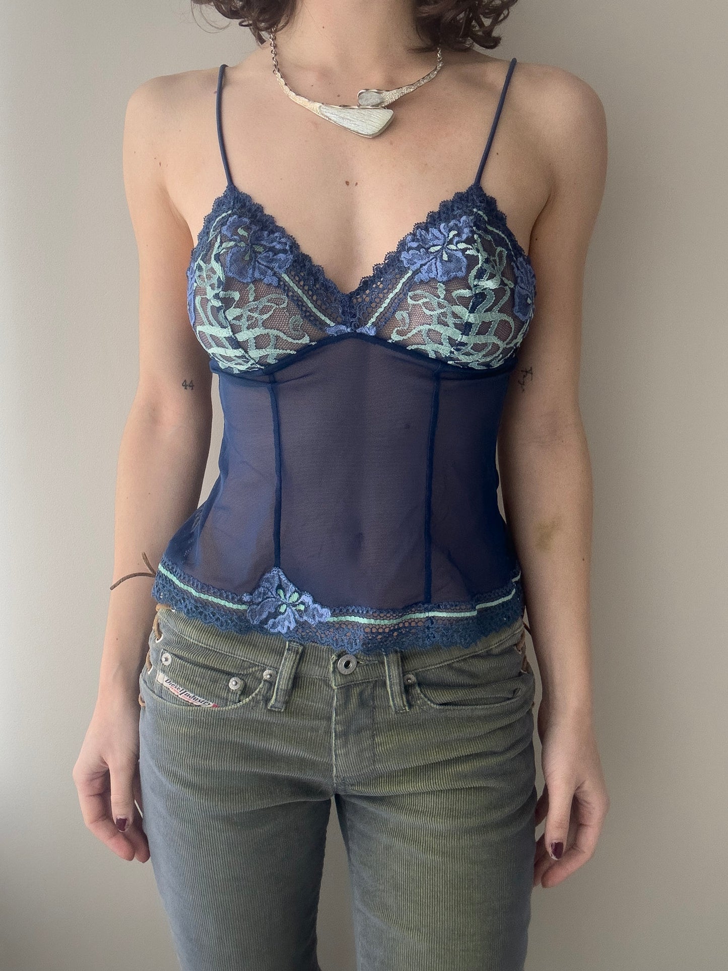 Aubade Paris - Deep Cobalt Blue Sheer Lace Cami with Mint Green Embroidery (S)