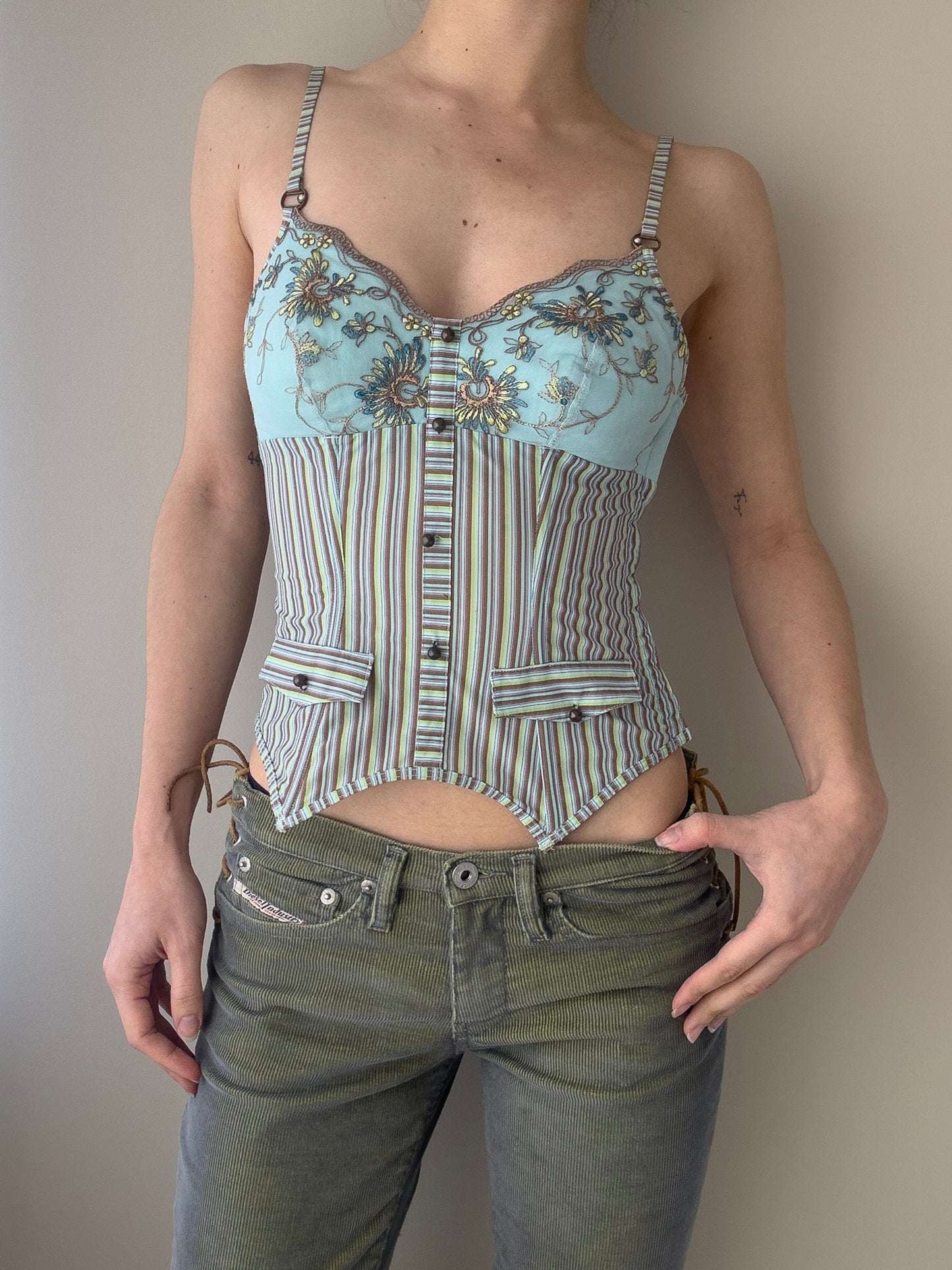 Lejaby - Turqoise Bustier with Strped Pattern and Floral Embroidery (XS-S)