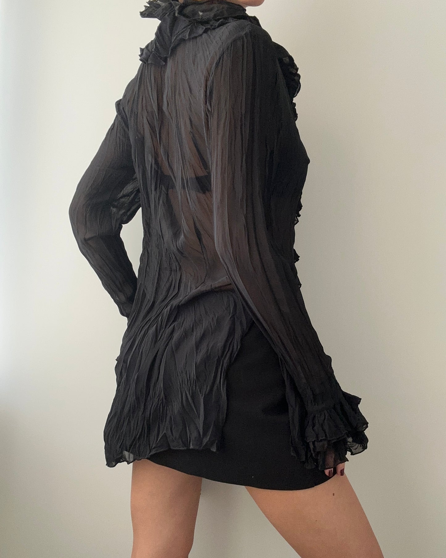 Black Asymmetric Sheer Tunic Blouse With Ruffles (M)