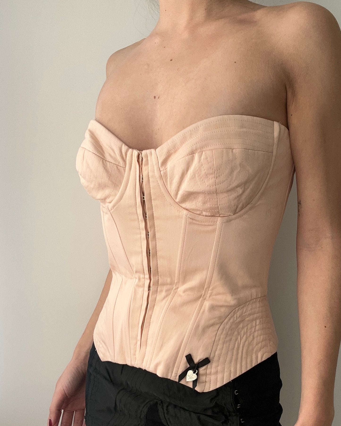 Powder Pink Corset With Black Ribbon Detail (S)