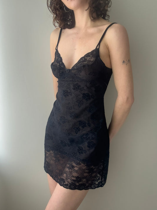 Malizia by La Perla - Black Sheer Mini Lace Dress with Velours Floral Design (XS)