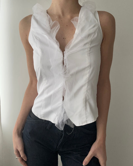 White Gilet Top with Sheer Ruffles (S)