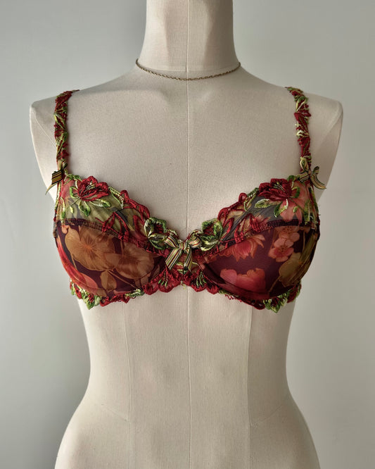 French 2000s Label Red And Green Floral Bra (75B/34B)