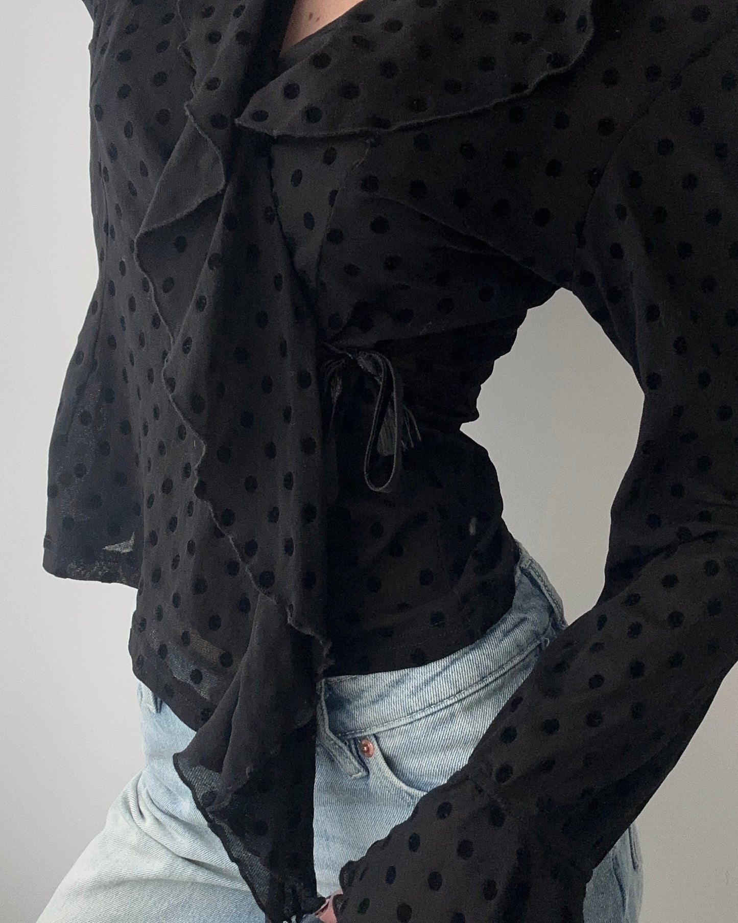 Black Sheer Wrap Top With Ruffles And Polkadots (S)