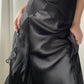 Black Double-layer Satin Draped Midi Dress with Ruffles (S)