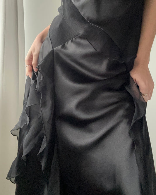 Black Double-layer Satin Draped Midi Dress with Ruffles (S)