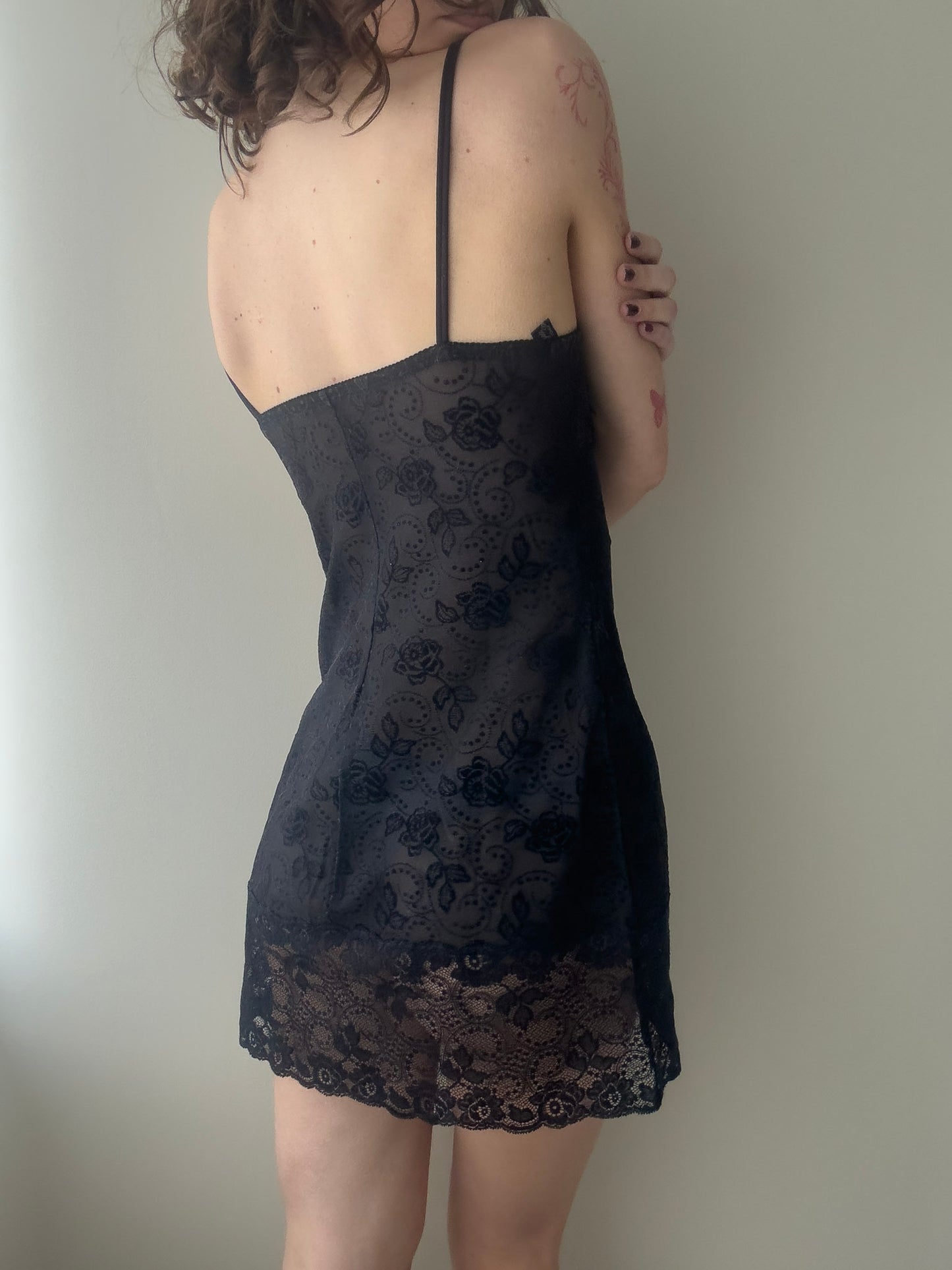 Malizia by La Perla - Black Sheer Mini Lace Dress with Velours Floral Design (XS)