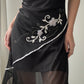 Black Double-layer Asymmetric Draped Midi Dress with Floral Embellishment (M)