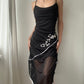 Black Double-layer Asymmetric Draped Midi Dress with Floral Embellishment (M)