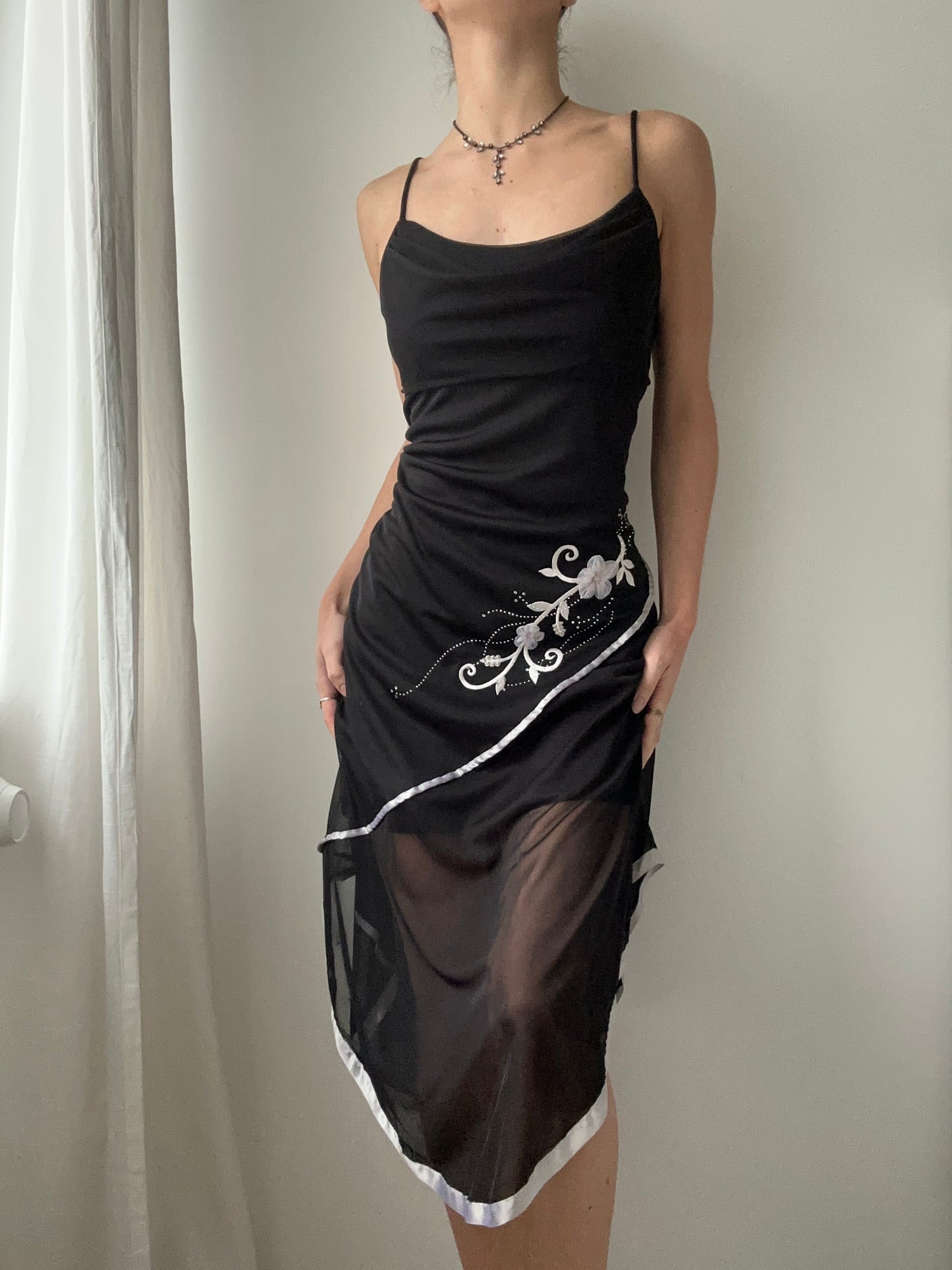 Black Double-layer Asymmetric Draped Midi Dress with Floral Embellishment (M)